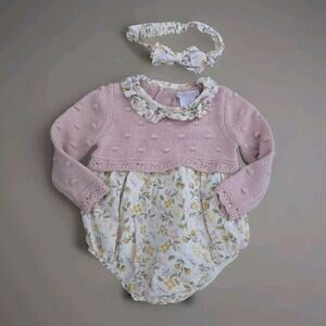 SHABBY CHIC Textured Knit Bubble Floral Print Ruffle Set with Headband 3-6mos-N4